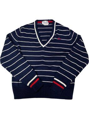Vintage Lacoste Haymaker 1970s Stripe V-Neck Knit Sweater Navy Red Size Small
